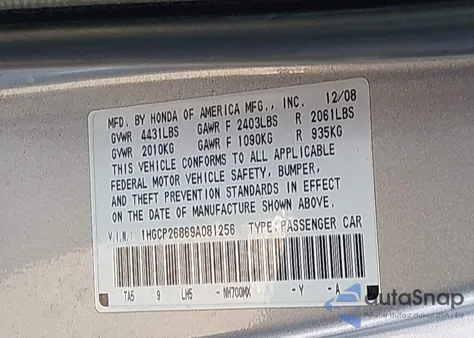 2009 Honda Accord 2.4 Ex-L from USA, damaged, VIN 1HGCP26869A081256